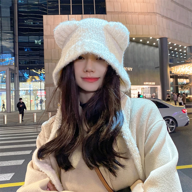 Cute Bear Ear Wool Hat Winter Women Warm Lace-Up Ear Protection Beanie Hat Thermal Bomber Cap Korean Versatile Skullies Hats