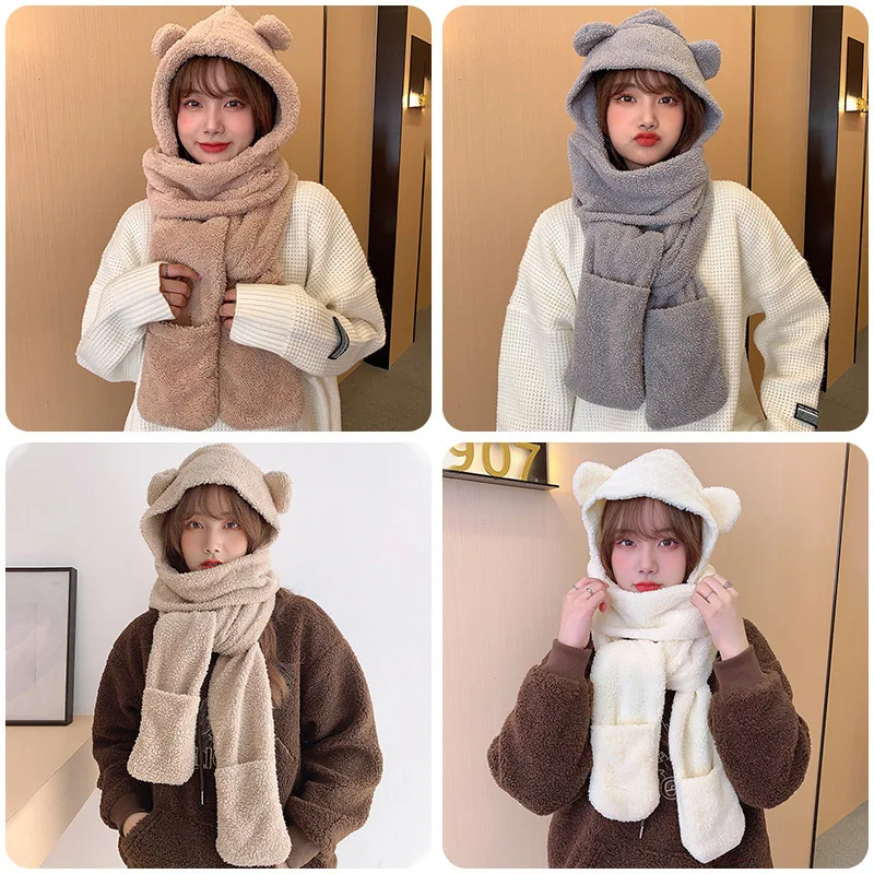 New Solid Knitted Thermal Windproof Scarf Hat Glove 3 Pieces Sets Women 2023 Winter Thick Warm Vintage Female Fashion Shawl