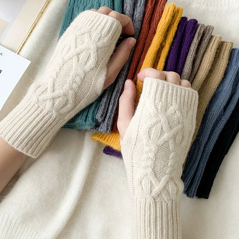 Knitted Fingerless Winter Gloves Soft Warm Woolen Arm Flexible Hand Gloves Wrist Warmer for Women Crochet Twist Pattern Mittens