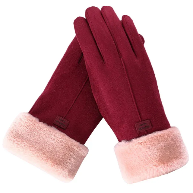 Winter Suede Leather Gloves Women Full Finger Female Warm Plus Velvet Thicken Cahsmere Elastic Windproof Touchscreen Gloves