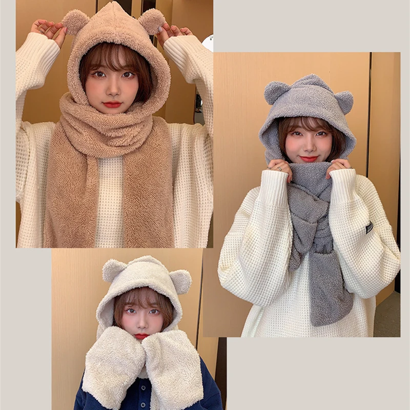 New Solid Knitted Thermal Windproof Scarf Hat Glove 3 Pieces Sets Women 2023 Winter Thick Warm Vintage Female Fashion Shawl