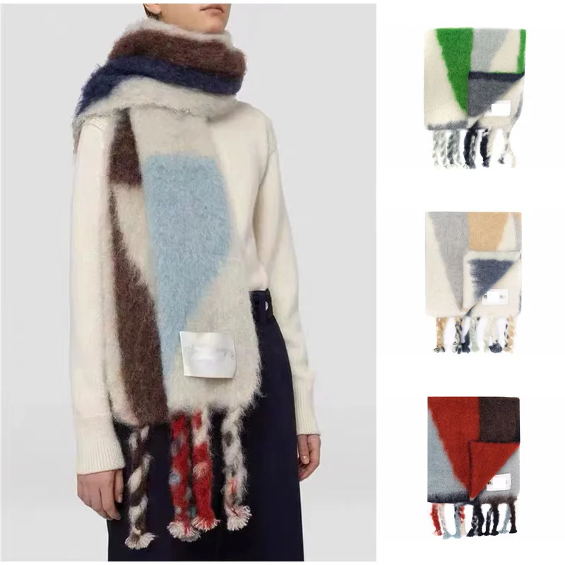 Long Gradient Mohair Printed Tassel Scarf Women Thick Cashmere Warm Poncho Shawls Wraps Blanket Winter Autumn Accessories