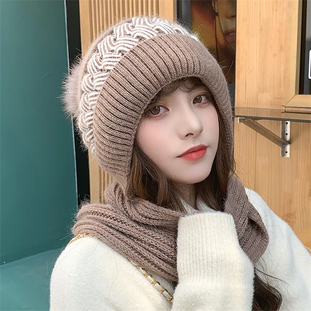 New Winter Thick Warm Fleece Hat Scarf Women Lined Beanies Scarf Set Rabbit Hair Blend Knitted Hat Scarf Outdoor Ski Bonnet Hats