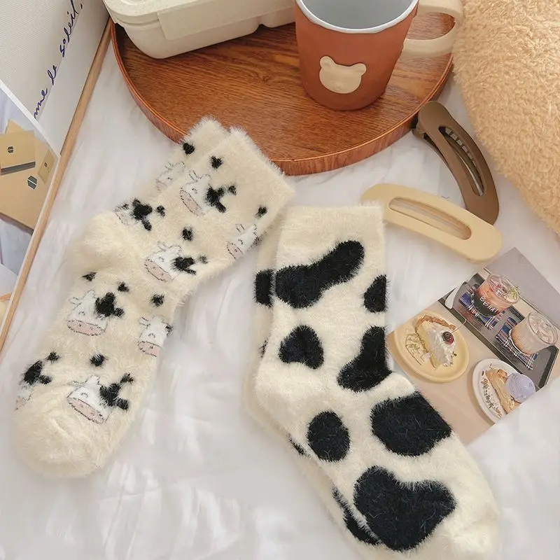 Cow Print Mink Plush Socks For Women Girl Mid Tube Stockings Warm Coral Velvet Sleep Floor Sock Winter Thermal Slipper Funny Sox