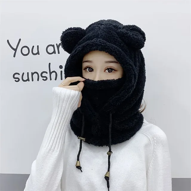 Winter Cute Cartoon Plush Bear Ears Hats Balaclava Warm Bear Baby Hooded Hat Ear Protection Cap Windproof Thick Warm Neck Cover