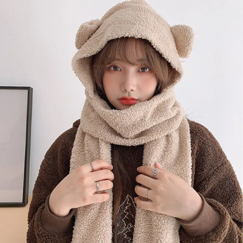 New Solid Knitted Thermal Windproof Scarf Hat Glove 3 Pieces Sets Women 2023 Winter Thick Warm Vintage Female Fashion Shawl