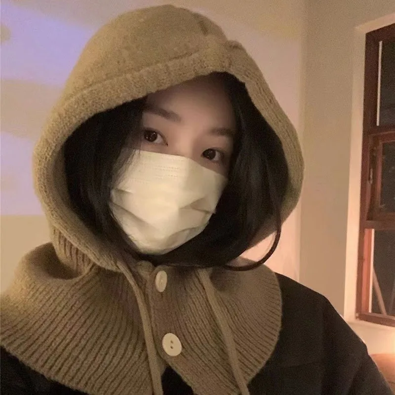 Winter Balaclava Hats For Women Knitted Hooded Caps Solid Color Outdoor Warmer Drawstring Hat One-Piece Neck Collar Beanies Caps