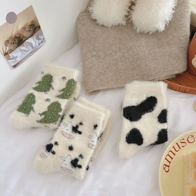 Cow Print Mink Plush Socks For Women Girl Mid Tube Stockings Warm Coral Velvet Sleep Floor Sock Winter Thermal Slipper Funny Sox