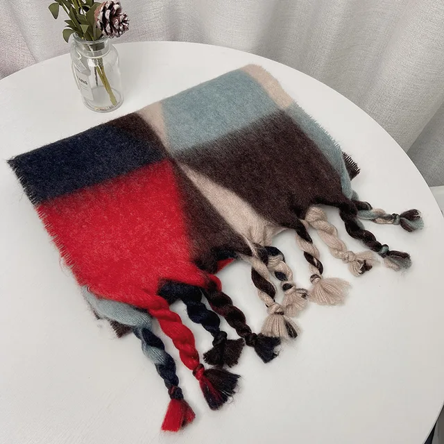Long Gradient Mohair Printed Tassel Scarf Women Thick Cashmere Warm Poncho Shawls Wraps Blanket Winter Autumn Accessories