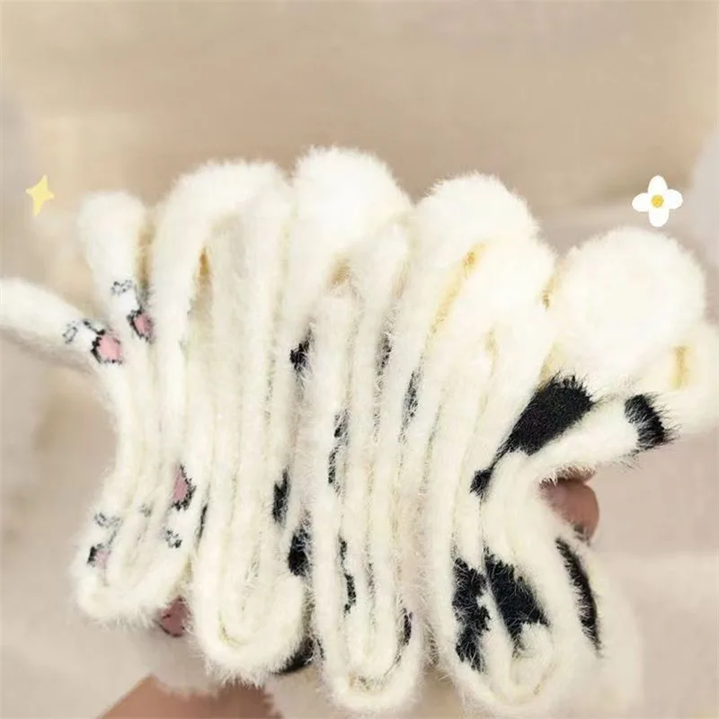 Cow Print Mink Plush Socks For Women Girl Mid Tube Stockings Warm Coral Velvet Sleep Floor Sock Winter Thermal Slipper Funny Sox