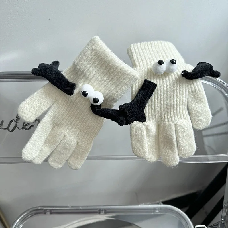 Winter Knitted Warm Gloves Women Creative Couple Magnetic Hands Gloves Cute Hand in Hand Thick Full Finger Touchscreen Mittens