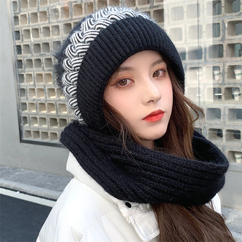 New Winter Thick Warm Fleece Hat Scarf Women Lined Beanies Scarf Set Rabbit Hair Blend Knitted Hat Scarf Outdoor Ski Bonnet Hats
