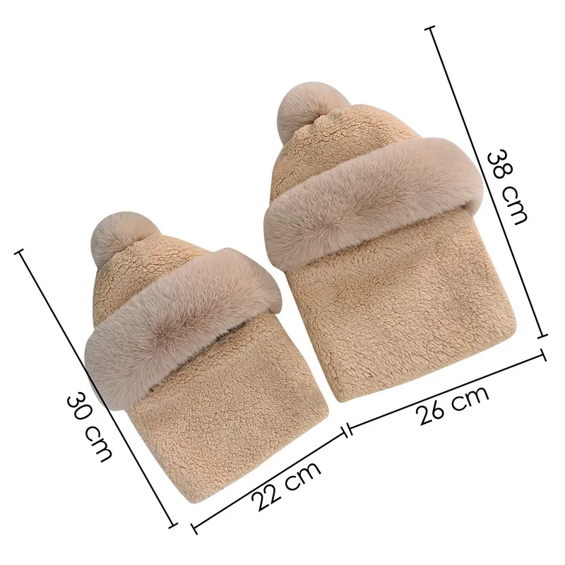 Winter Scarf Set Hooded For Women Plush Neck Warm Outdoor Ski Windproof Hat Thick Scarf Collar Plush Fluffy Beanies Cycling Cap