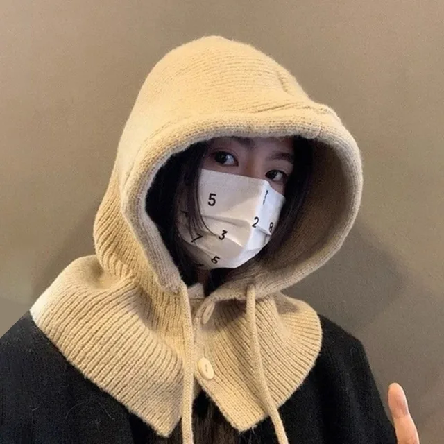 Winter Balaclava Hats For Women Knitted Hooded Caps Solid Color Outdoor Warmer Drawstring Hat One-Piece Neck Collar Beanies Caps