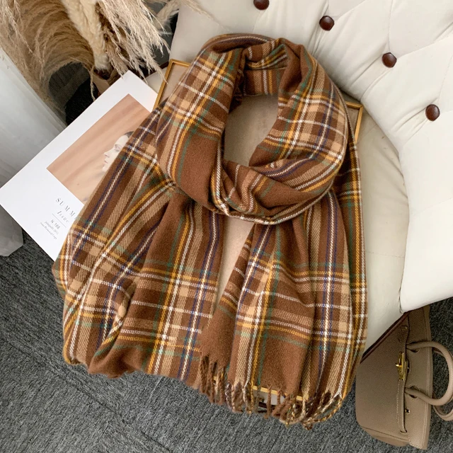 Korean Autumn Thick Plaid Scarf Women Men Fashion Long Warm Neck Cashmere Shawls Winter Tassel Neckerchief Outdoor Gifts
