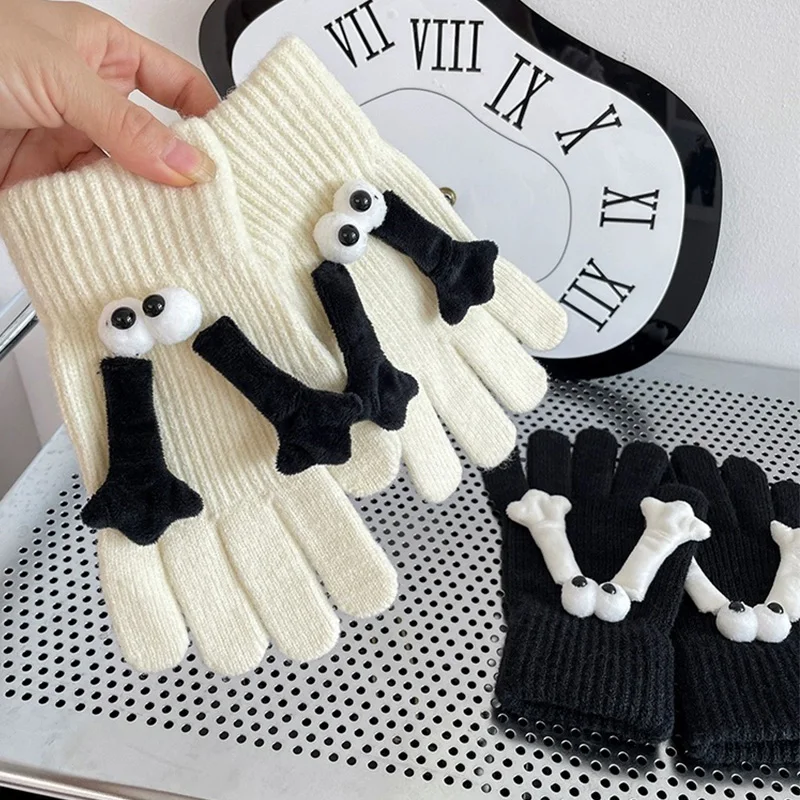 Winter Knitted Warm Gloves Women Creative Couple Magnetic Hands Gloves Cute Hand in Hand Thick Full Finger Touchscreen Mittens