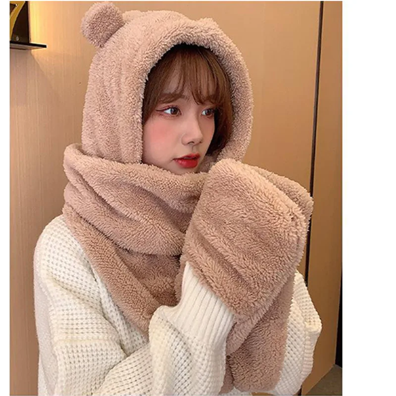 New Solid Knitted Thermal Windproof Scarf Hat Glove 3 Pieces Sets Women 2023 Winter Thick Warm Vintage Female Fashion Shawl
