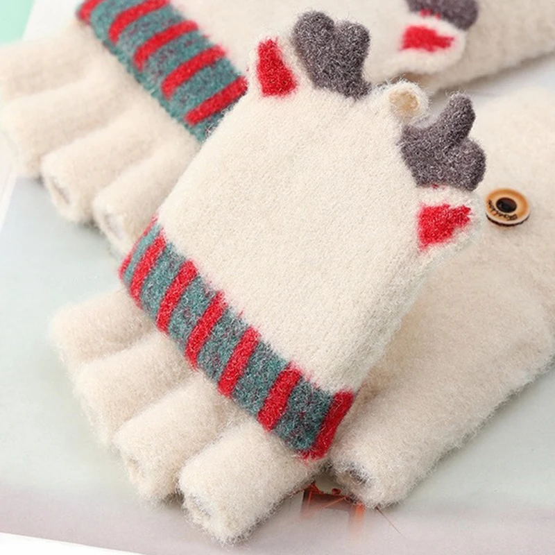 Cute Xmas Elk Half Finger Gloves Girls Winter Warm Thick Knitted Wool Gloves Flip Fingerless Exposed Finger Mittens Glove Women