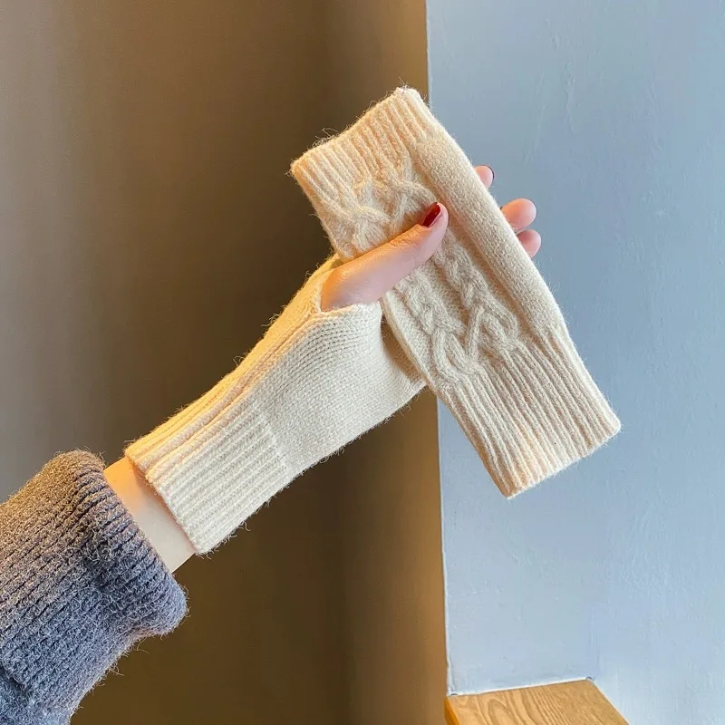 Knitted Fingerless Winter Gloves Soft Warm Woolen Arm Flexible Hand Gloves Wrist Warmer for Women Crochet Twist Pattern Mittens