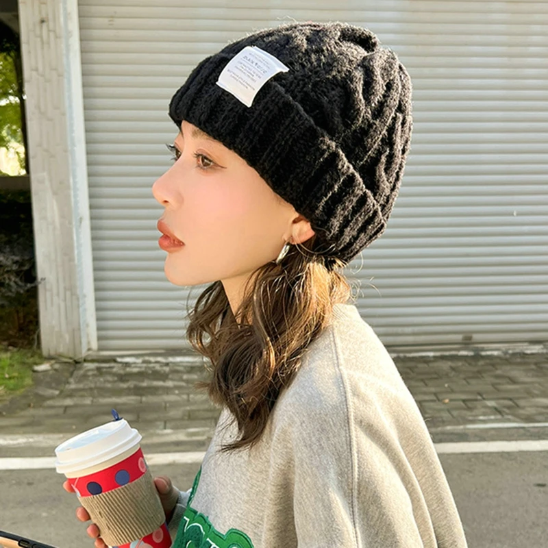 Winter Knitted Hat For Women Solid Color Warm Knitted Beanies Hat Fashion Coarse Woolen Knitted Hat Outdoor Warm Crochet Bonnets