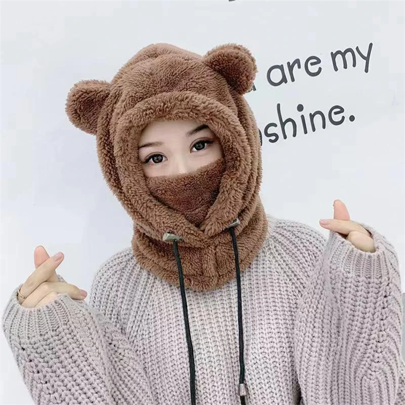Winter Cute Cartoon Plush Bear Ears Hats Balaclava Warm Bear Baby Hooded Hat Ear Protection Cap Windproof Thick Warm Neck Cover