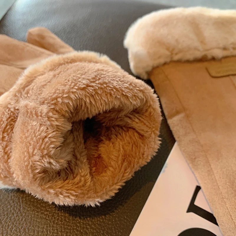 Winter Suede Leather Gloves Women Full Finger Female Warm Plus Velvet Thicken Cahsmere Elastic Windproof Touchscreen Gloves