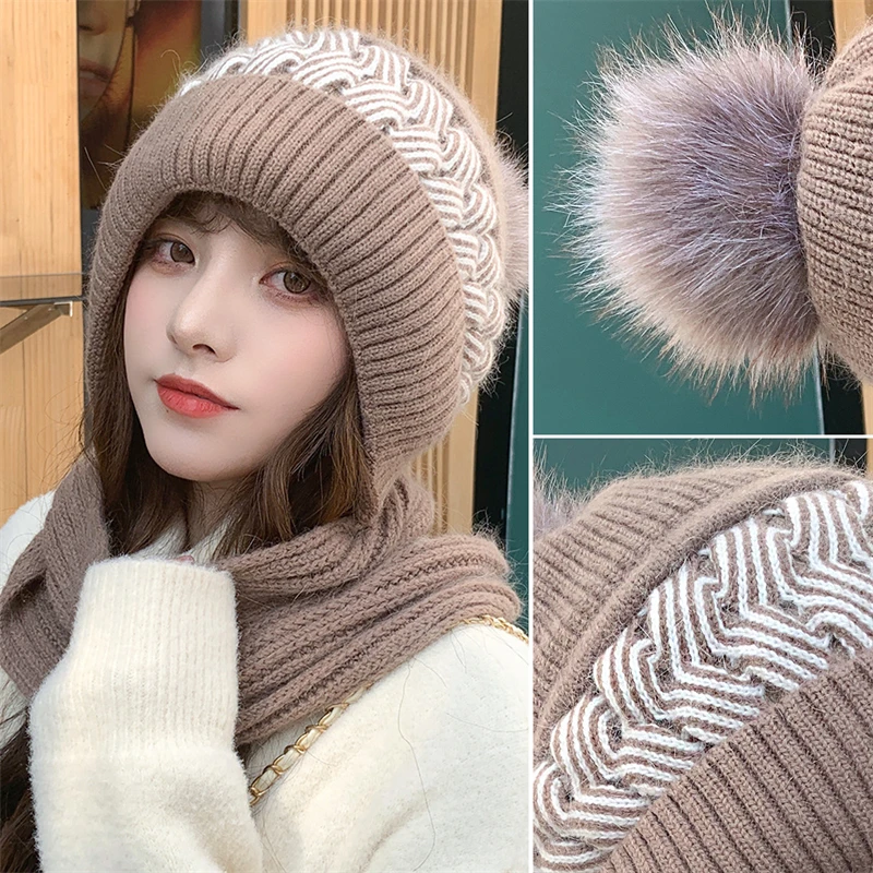 New Winter Thick Warm Fleece Hat Scarf Women Lined Beanies Scarf Set Rabbit Hair Blend Knitted Hat Scarf Outdoor Ski Bonnet Hats