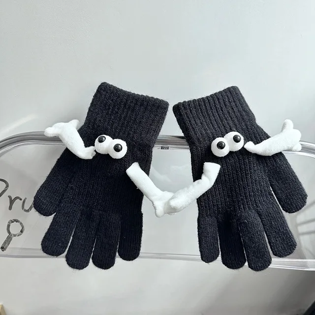Winter Knitted Warm Gloves Women Creative Couple Magnetic Hands Gloves Cute Hand in Hand Thick Full Finger Touchscreen Mittens