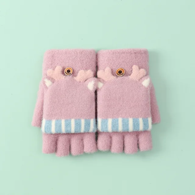Cute Xmas Elk Half Finger Gloves Girls Winter Warm Thick Knitted Wool Gloves Flip Fingerless Exposed Finger Mittens Glove Women