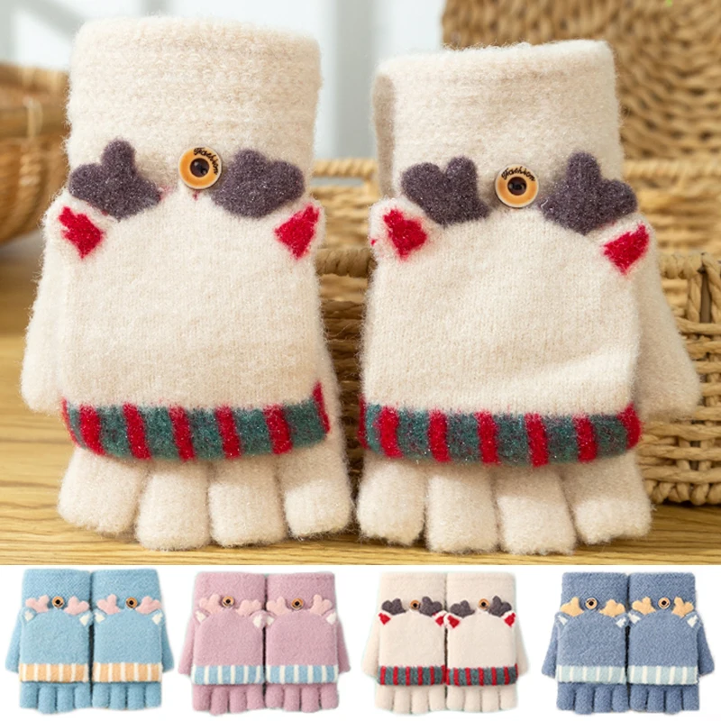 Cute Xmas Elk Half Finger Gloves Girls Winter Warm Thick Knitted Wool Gloves Flip Fingerless Exposed Finger Mittens Glove Women