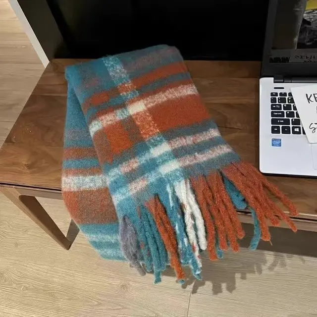 Winter Warm Plaid Fringe Scarf Women Vintage Thicken Color Shawl Couple Ins Korean Velvet Brand Scarves Autumn Outdoor