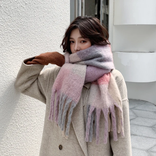 2023 Winter Cashmere Thick Plaid Scarf Women Men Luxury Long Soft Warm Neck Thick Solid Color Shawls Autumn Outdoor Gifts