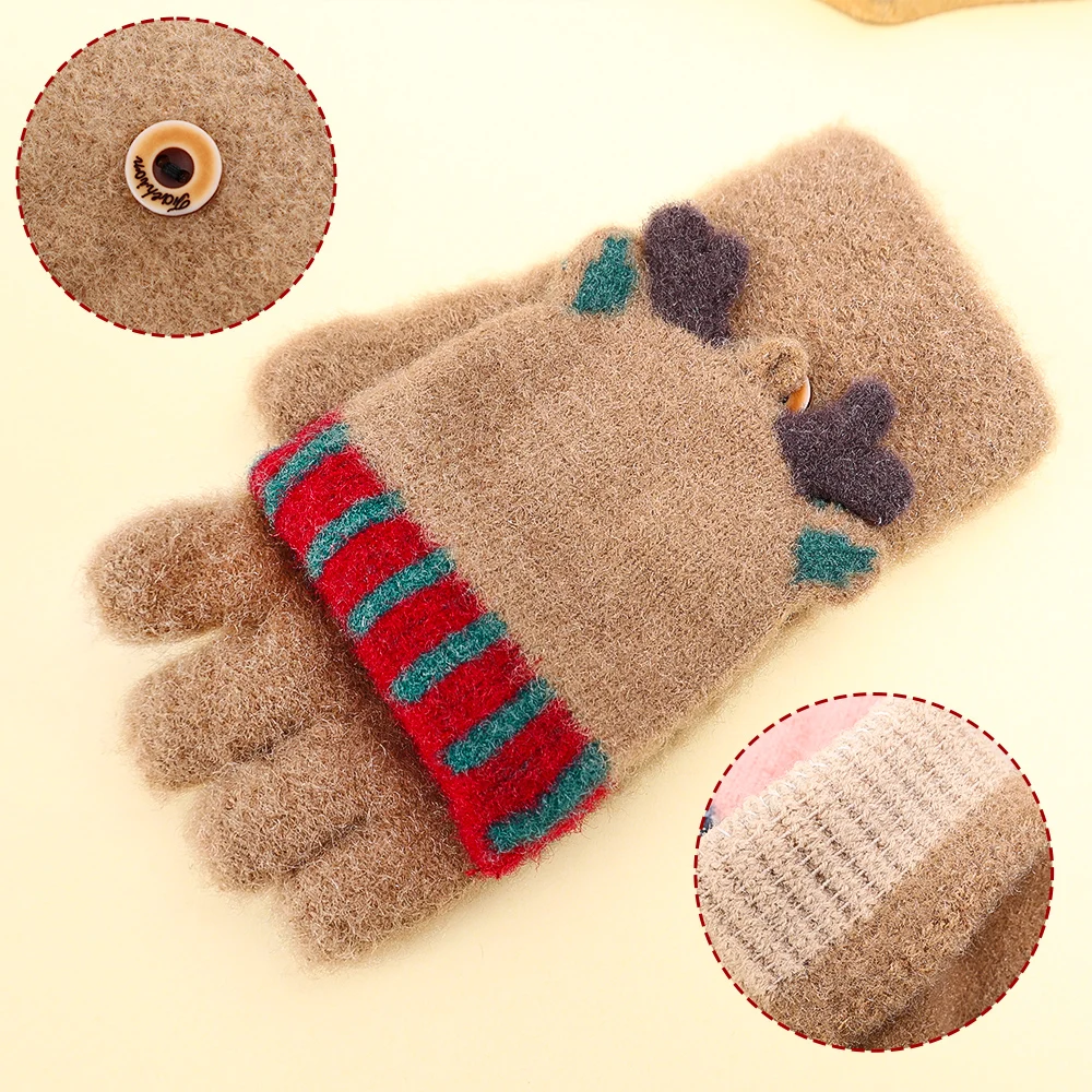 Cute Xmas Elk Half Finger Gloves Girls Winter Warm Thick Knitted Wool Gloves Flip Fingerless Exposed Finger Mittens Glove Women