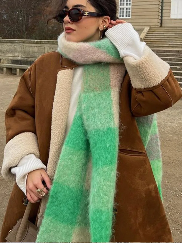 2023 Autumn Winter Fringe Panelled Plaid Scarf For Women Fashion Warm Coldproof Cashmere Scarves High Street Casual Female Shawl