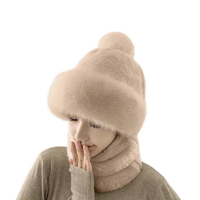 Winter Scarf Set Hooded For Women Plush Neck Warm Outdoor Ski Windproof Hat Thick Scarf Collar Plush Fluffy Beanies Cycling Cap