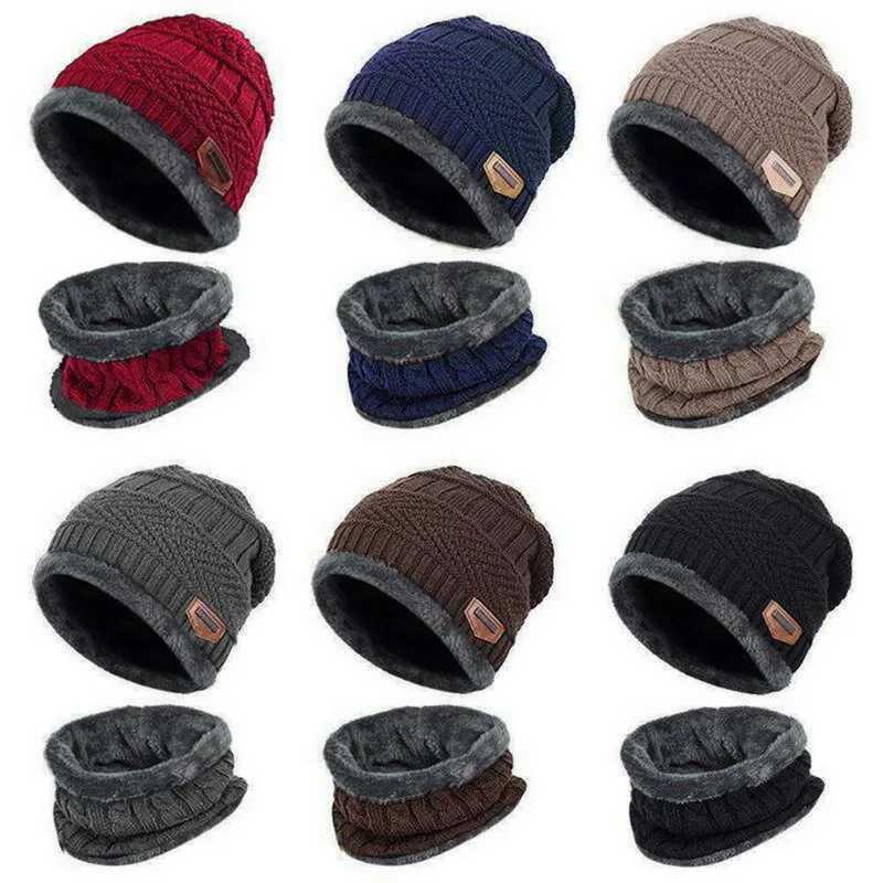 Winter Wool Neck Scarf Cap For Men Women Thick Warm Velvet Beanie Hat Knitted Hat Outdoor Riding Hat Mask Bonnet Hats Set Scarf