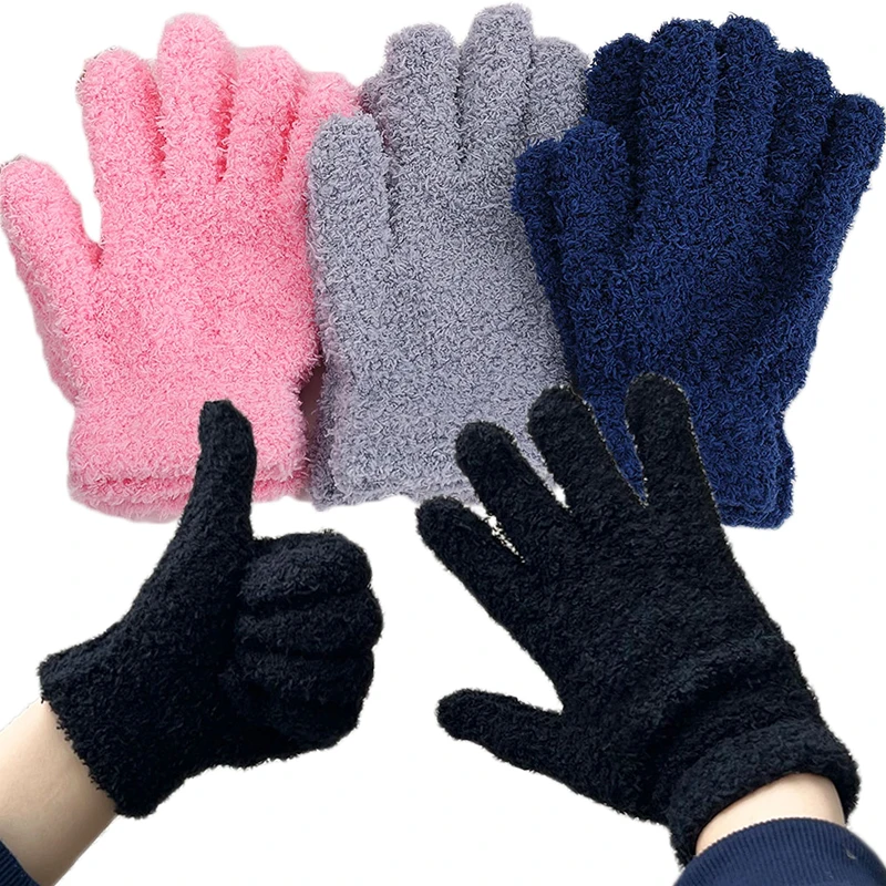 Winter Coral Fleece Thicken Gloves Women Girls Keep Warm Plush Furry Full Finger Mittens Soft Elastic Casual Solid Cycling Glove