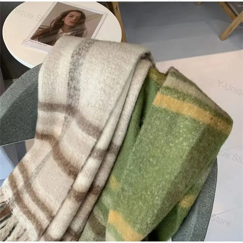 Winter Warm Plaid Fringe Scarf Women Vintage Thicken Color Shawl Couple Ins Korean Velvet Brand Scarves Autumn Outdoor