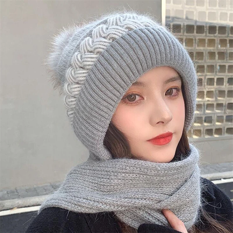 New Winter Thick Warm Fleece Hat Scarf Women Lined Beanies Scarf Set Rabbit Hair Blend Knitted Hat Scarf Outdoor Ski Bonnet Hats
