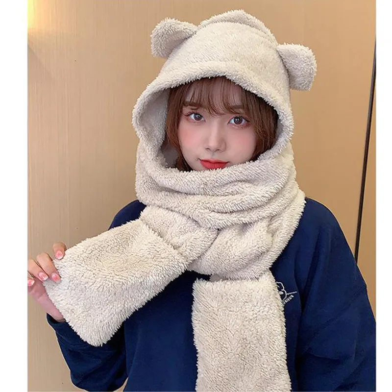 New Solid Knitted Thermal Windproof Scarf Hat Glove 3 Pieces Sets Women 2023 Winter Thick Warm Vintage Female Fashion Shawl