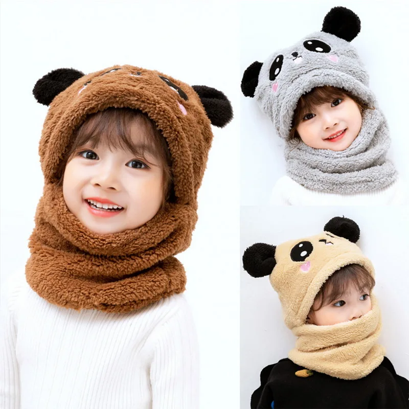 Cute Children Cartoon Scarf Hat Autumn Winter Girls Boys Scarf Thicken Cap Newborn Baby Stuff Children Hat Plus Fleece Kids Caps