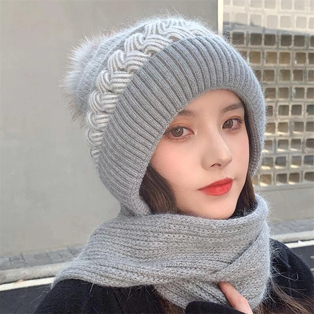 New Winter Thick Warm Fleece Hat Scarf Women Lined Beanies Scarf Set Rabbit Hair Blend Knitted Hat Scarf Outdoor Ski Bonnet Hats