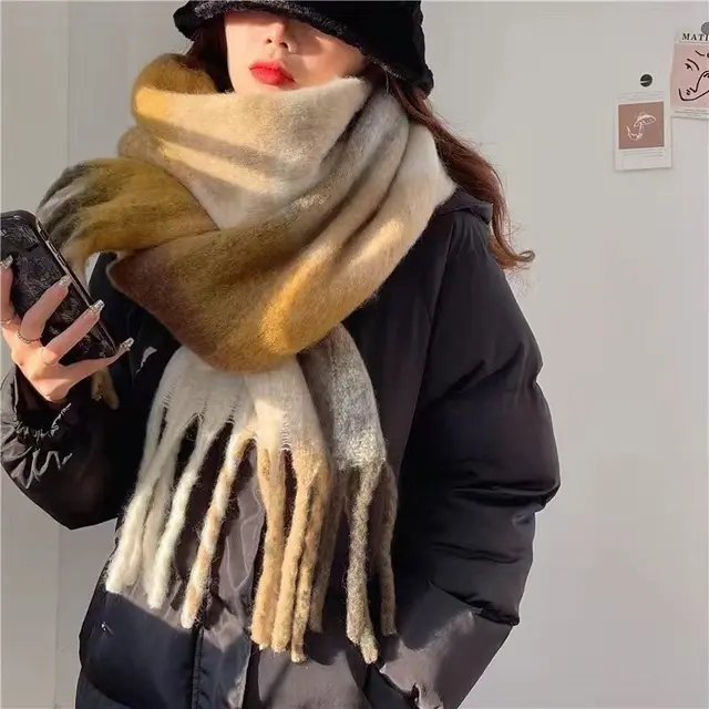 Winter Warm Plaid Fringe Scarf Women Vintage Thicken Color Shawl Couple Ins Korean Velvet Brand Scarves Autumn Outdoor