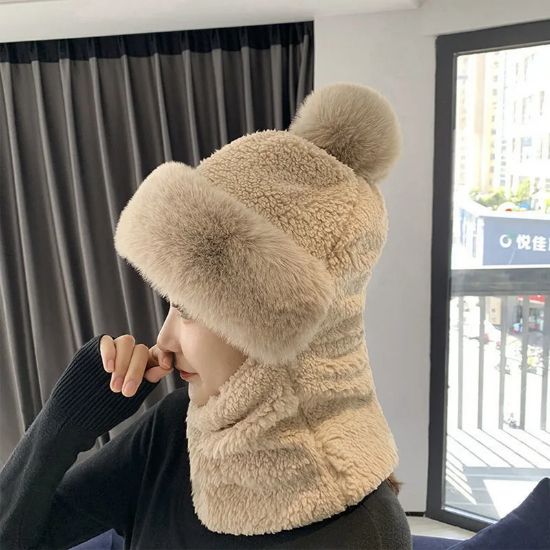 Winter Scarf Set Hooded For Women Plush Neck Warm Outdoor Ski Windproof Hat Thick Scarf Collar Plush Fluffy Beanies Cycling Cap