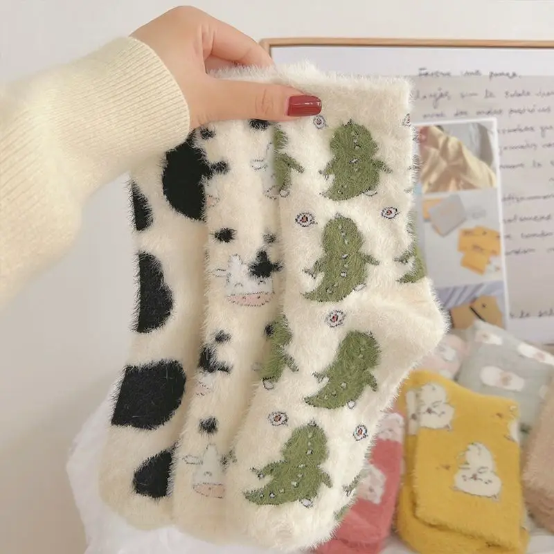 Cow Print Mink Plush Socks For Women Girl Mid Tube Stockings Warm Coral Velvet Sleep Floor Sock Winter Thermal Slipper Funny Sox