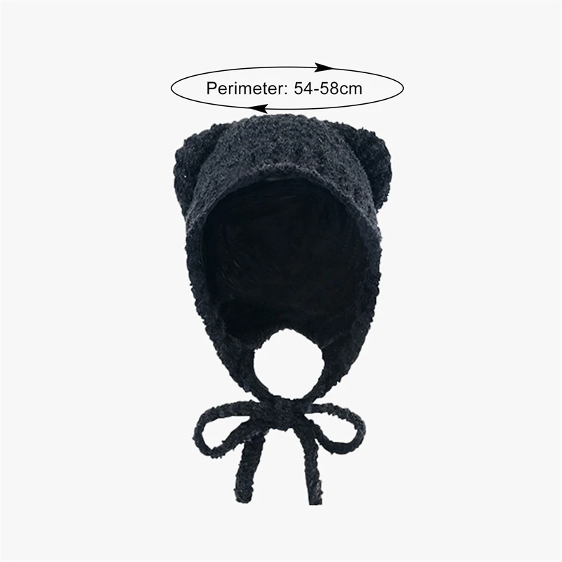 Cute Bear Ear Wool Hat Winter Women Warm Lace-Up Ear Protection Beanie Hat Thermal Bomber Cap Korean Versatile Skullies Hats