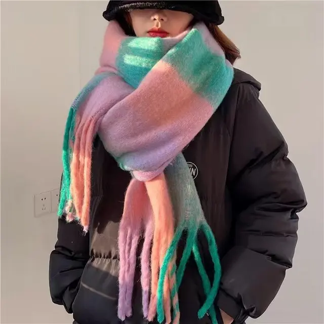 Winter Warm Plaid Fringe Scarf Women Vintage Thicken Color Shawl Couple Ins Korean Velvet Brand Scarves Autumn Outdoor