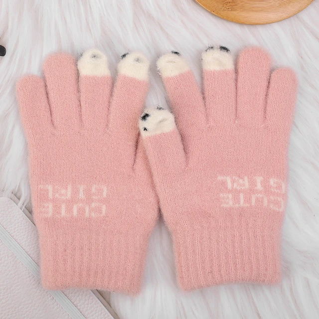 Women Cute Panda Fingertip Winter Fluffy gloves Warm Knitted Fingerless Gloves Wool Touchscreen Phone Girls Full Finger Mittens