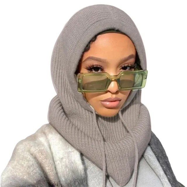 New Women Hooded Scarf Pullover Hat Winter Solid Color Knitted Pullover Drawstring Balaclava Hat Winter Warm Beanie Gothic Hats