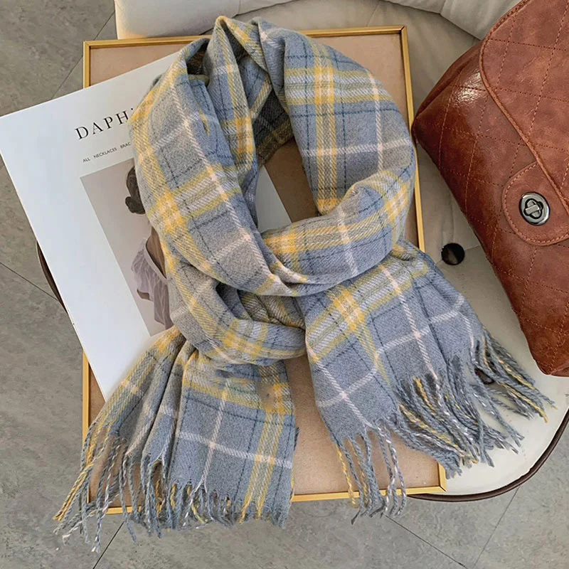 Korean Autumn Thick Plaid Scarf Women Men Fashion Long Warm Neck Cashmere Shawls Winter Tassel Neckerchief Outdoor Gifts